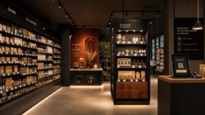4 types de merchandising - rayon magasin avec linéaire organisé, mise en scène, tête de gondole et kiosque fidélité