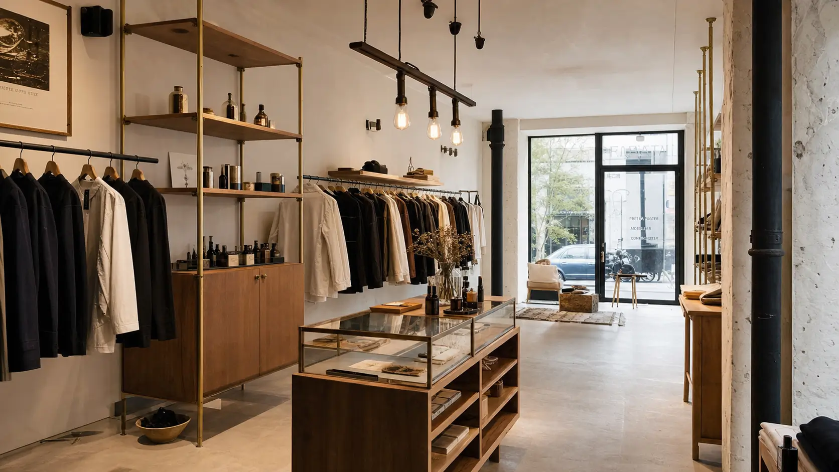 Intérieur de boutique indépendante française premium, éclairage Edison chaud, mobilier bois et laiton brossé sur dalle béton