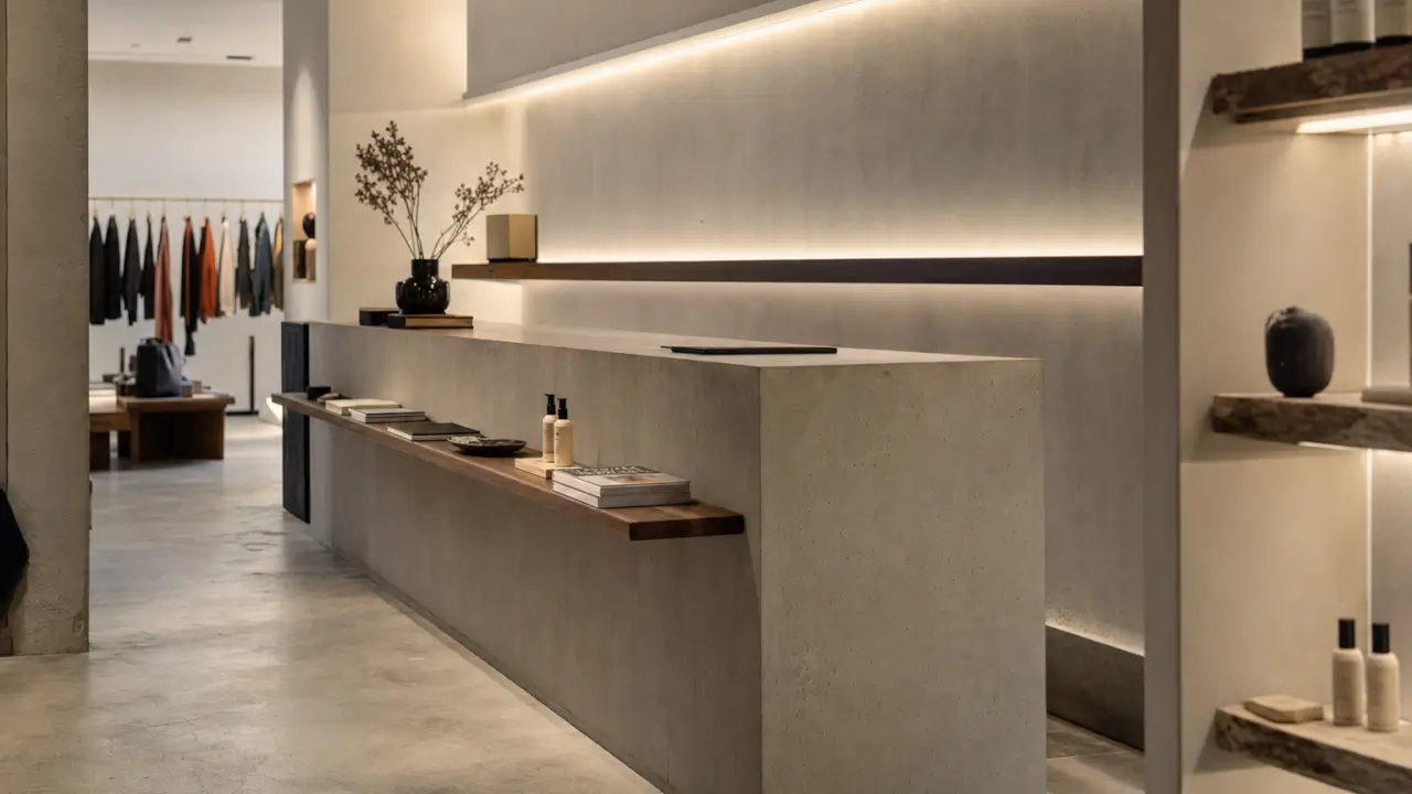 Comptoir design minimaliste en métal noir mat et terrazzo crème dans un concept store de mode parisien, éclairage rasant LED warm, sol béton ciré