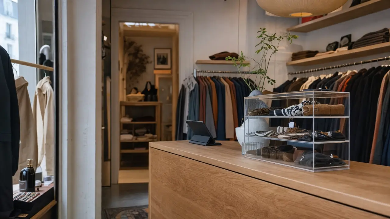 Comptoir d'une boutique fleuriste indépendante de quartier en chêne stratifié clair, plan de travail naturel, caisse tactile intégrée, pots de fleurs en avant-plan