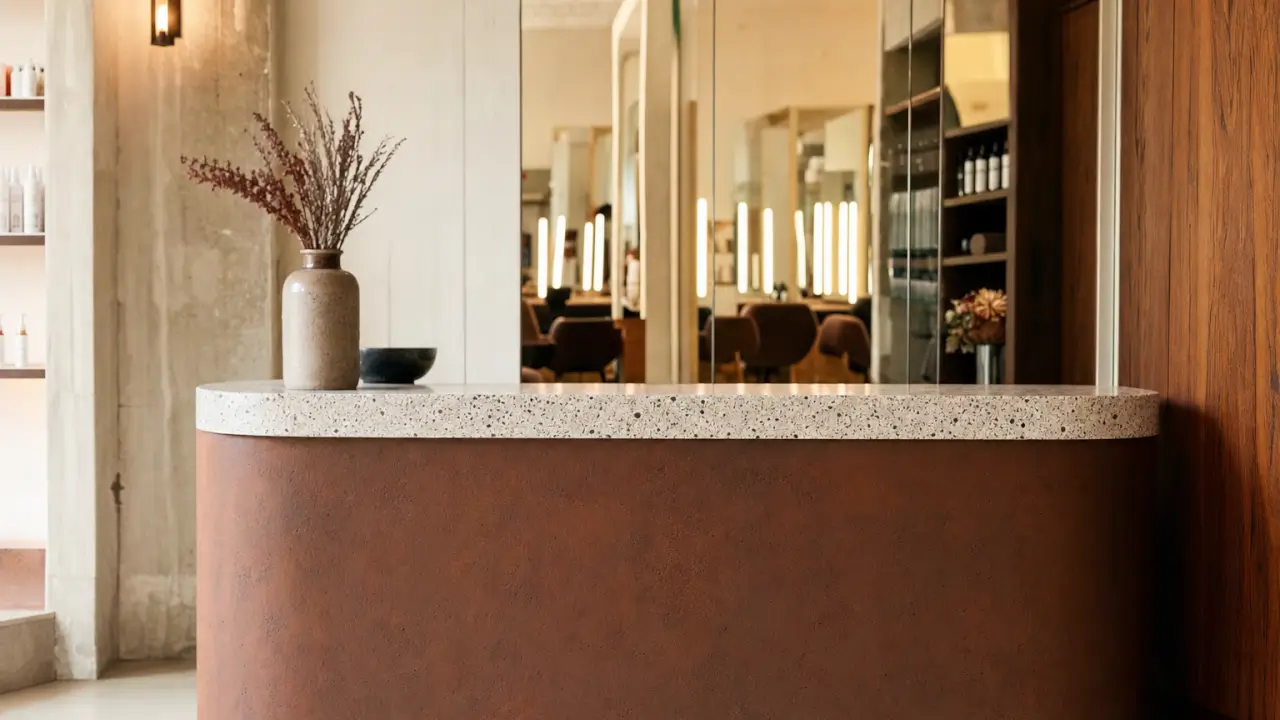 Comptoir d'accueil d'un salon de coiffure indépendant français en bois clair stratifié et métal noir mat, présentoir produits soin intégré, plan de travail tablette agenda