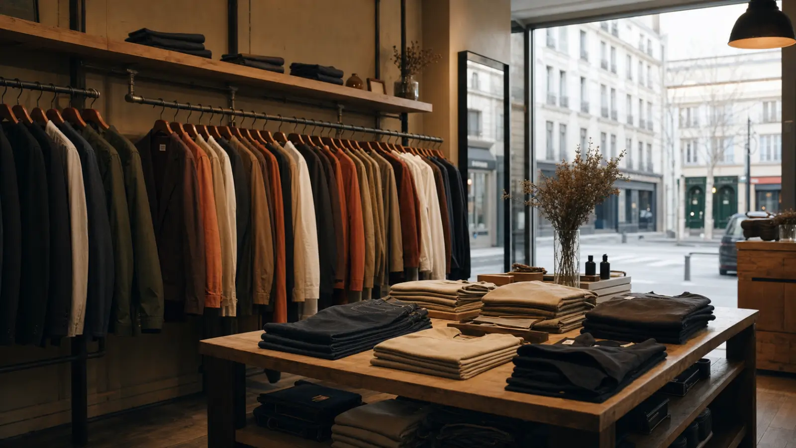 Intérieur de boutique de vêtements française premium avec mobilier bois et métal noir, table centrale de présentation textile et portant mural