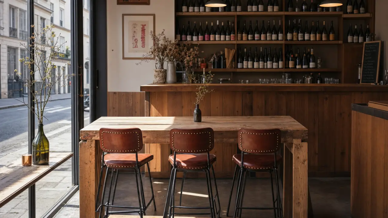 Mobilier bar dans un bistrot français : tabourets hauts en bois et cuir vintage, tables mange-debout en marbre noir, banquette en cuir camel le long du mur