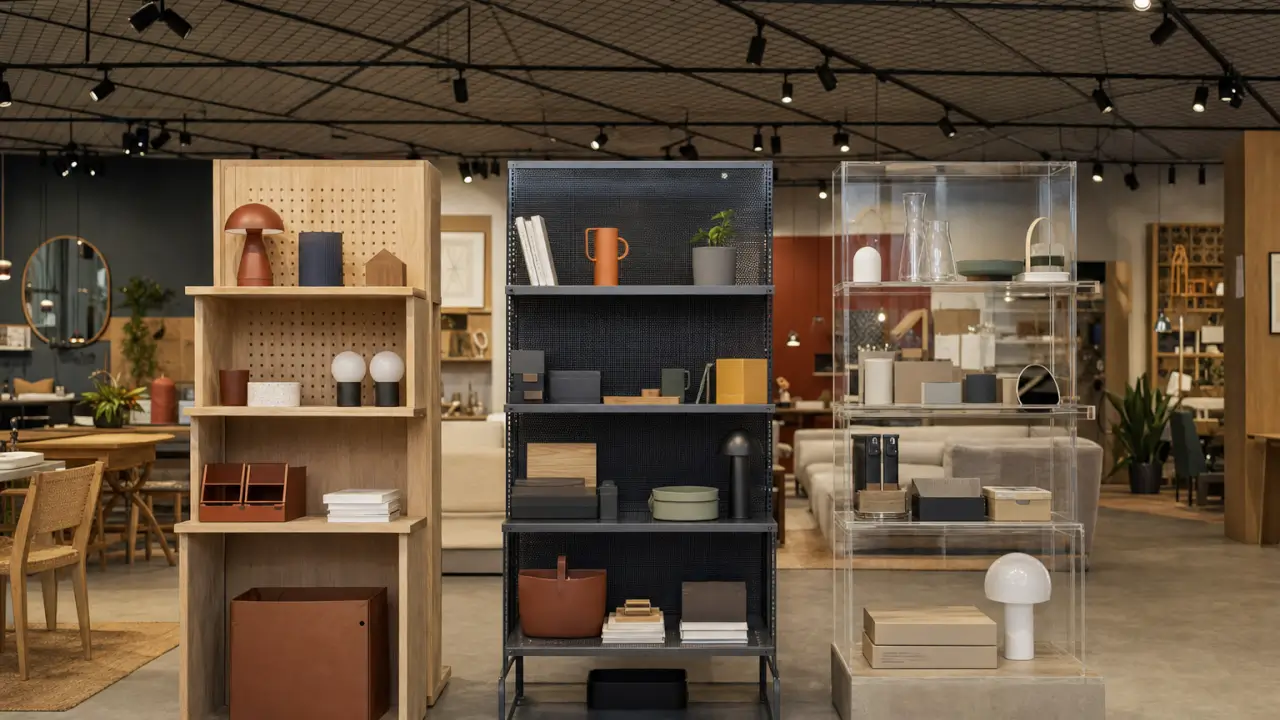 Mobilier PLV permanent en magasin français : gondole murale modulable en métal noir et bois clair, présentation cosmétique avec marquage marque, éclairage LED
