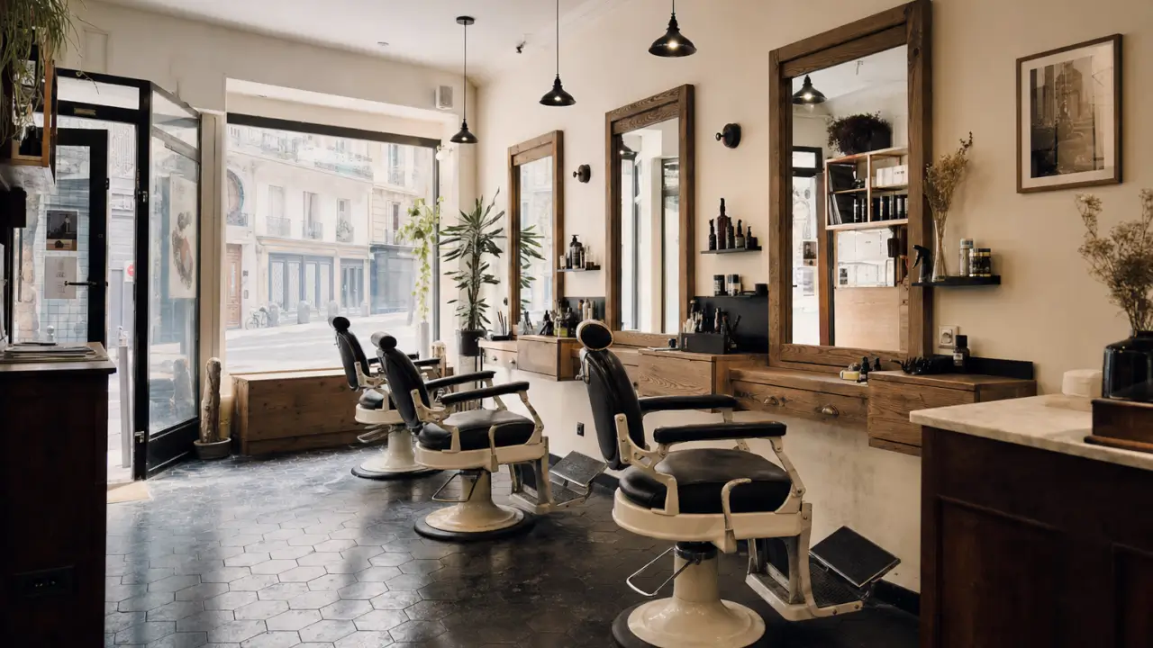 Aménagement complet d'un salon de coiffure indépendant français avec 5 postes de coupe alignés, miroirs bord à bord, bacs lavage en arrière-plan, sol béton ciré