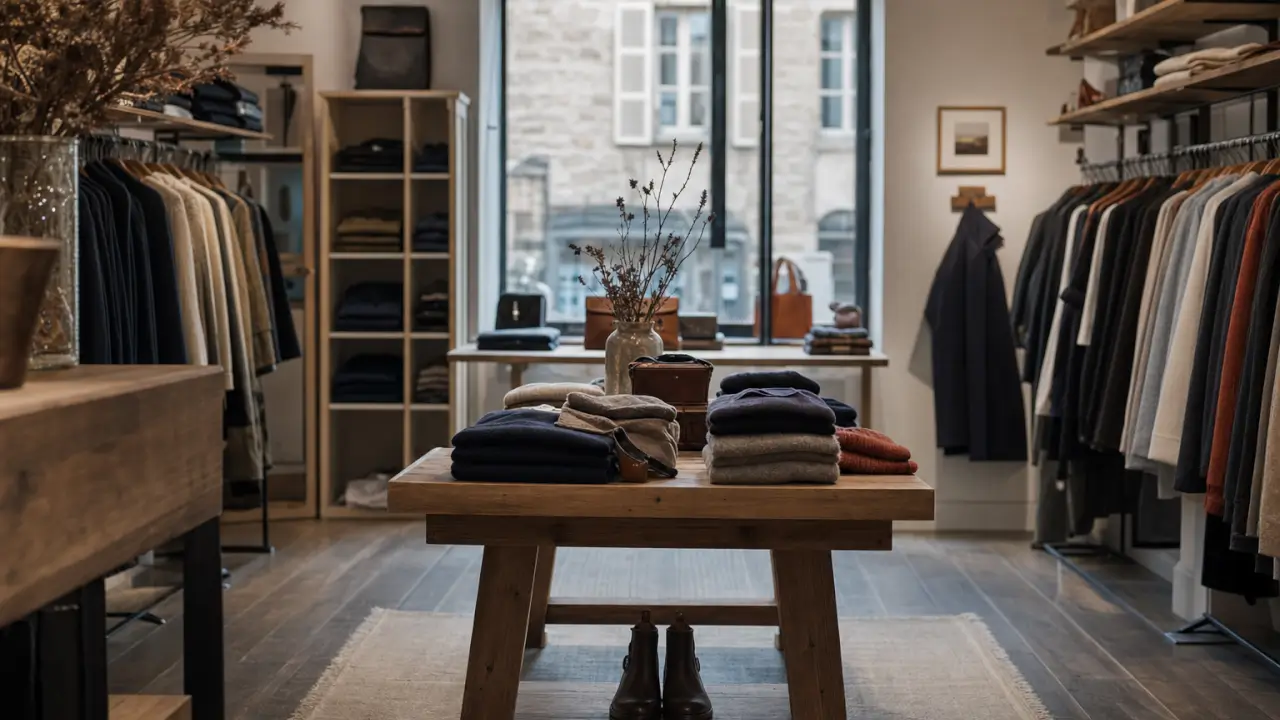 Table centrale de présentation au cœur d'une boutique mode parisienne, plateau bois massif chêne, sélection vêtements pliés en pyramide, circulation libre autour