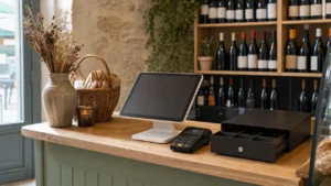 Caisse enregistreuse petit commerce - tablette POS et TPE NFC sur comptoir bois clair