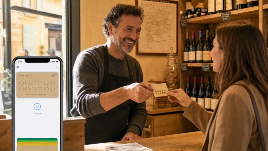 Carte fidÃ©litÃ© magasin - commerÃ§ant tend carte physique et carte Apple Wallet sur smartphone