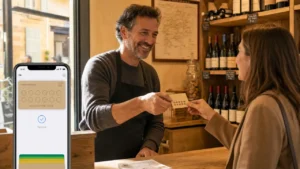 Carte fidélité magasin - commerçant tend carte physique et carte Apple Wallet sur smartphone