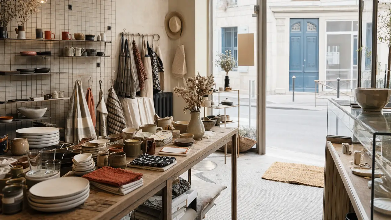 Mobilier complet d'une boutique mode française : table centrale bois massif, gondoles murales métal noir, cabines d'essai rideau lin, comptoir caisse en arrière-plan