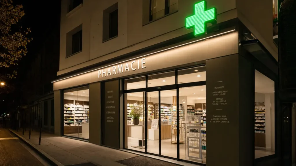 Ouvrir une pharmacie - faÃ§ade officine franÃ§aise moderne avec croix verte LED