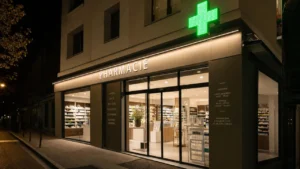Ouvrir une pharmacie - façade officine française moderne avec croix verte LED