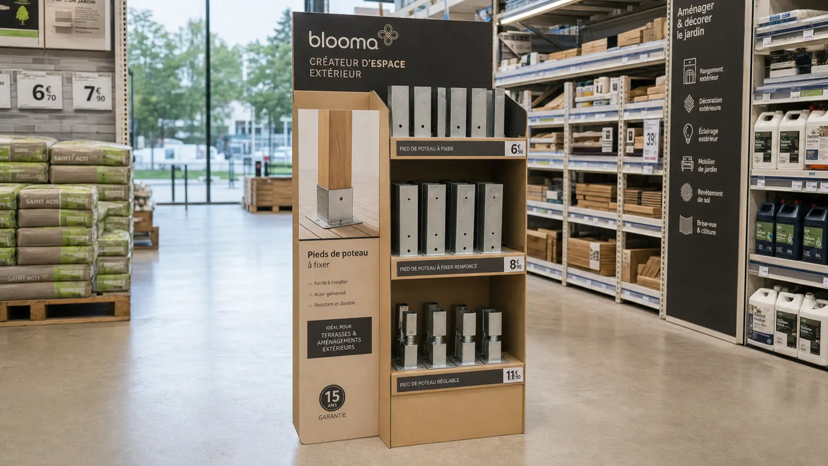 PLV carton promotionnelle en fin de linéaire dans un magasin de bricolage français, dalle béton et éclairage naturel de vitrine