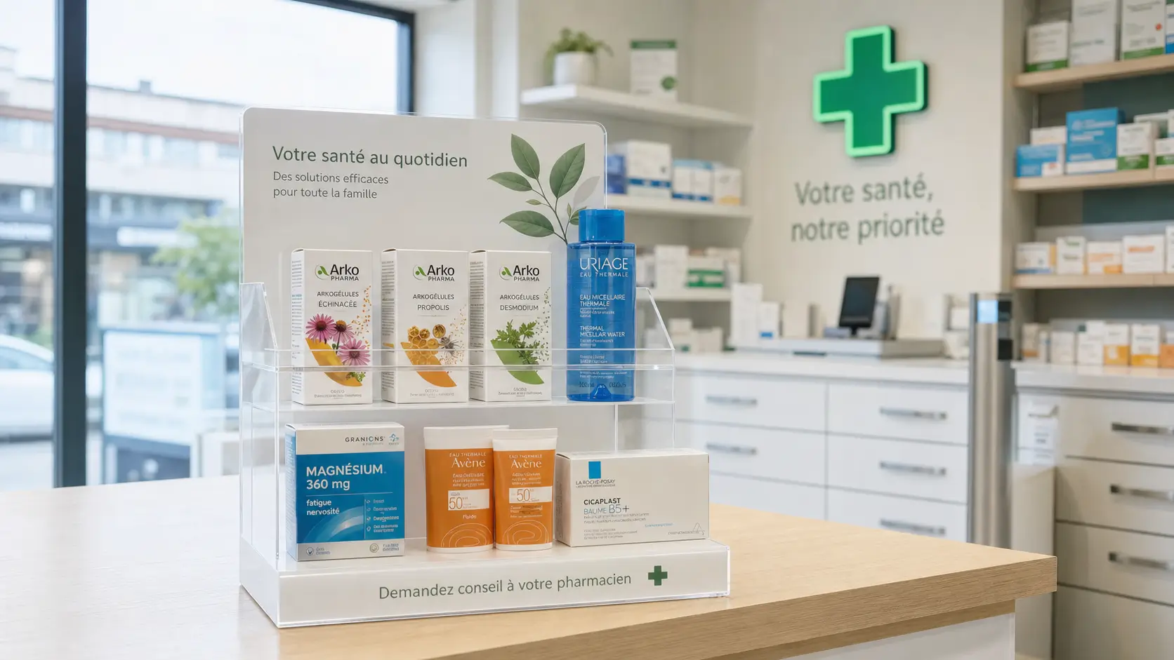 Comptoir d'officine pharmacie française avec PLV plexiglas parapharmacie, esthétique médicale sobre, éclairage naturel