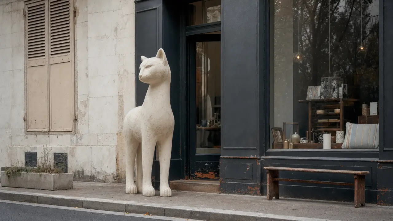 Statue en résine de polyester pour commerce, format moyen 120 cm représentant un personnage emblématique de marque, posée en vitrine boutique française