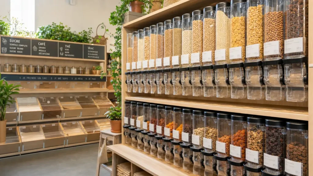 Vrac en magasin - silos gravitaires et bacs Ã  pelle dans Ã©picerie bio franÃ§aise
