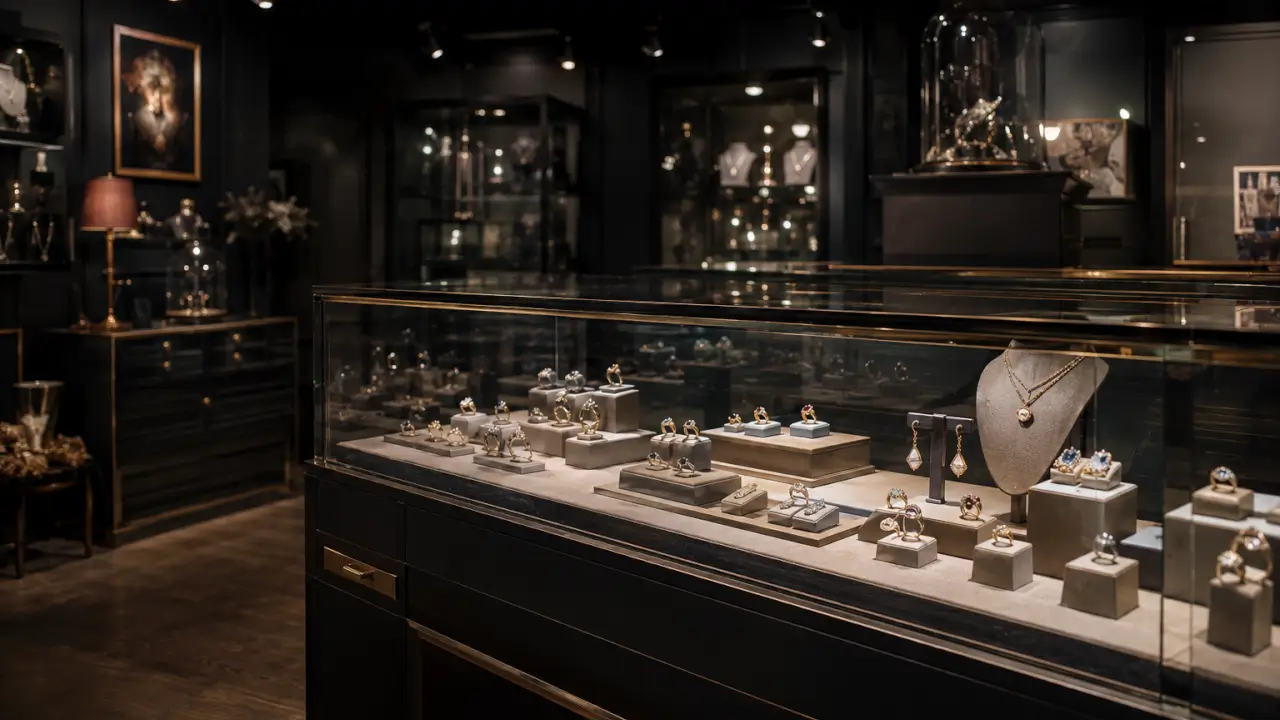 Agencement intérieur de bijouterie française, vitrines sécurisées en verre blindé et spots focalisés faisant briller des bagues serties de pierres