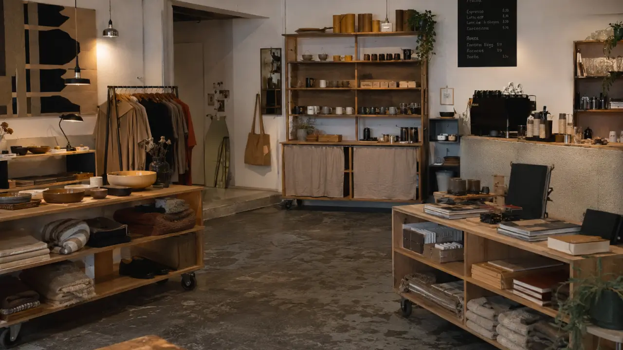 Agencement de concept-store français mélangeant mode, décoration et coin café, mobilier modulaire sur roulettes et scénographie évolutive