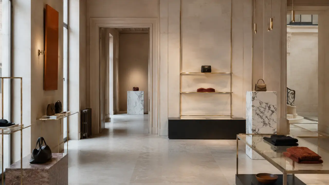 Agencement de boutique de luxe parisienne, peu de produits dans un vaste espace, matériaux laiton et marbre, éclairage muséal d'accentuation