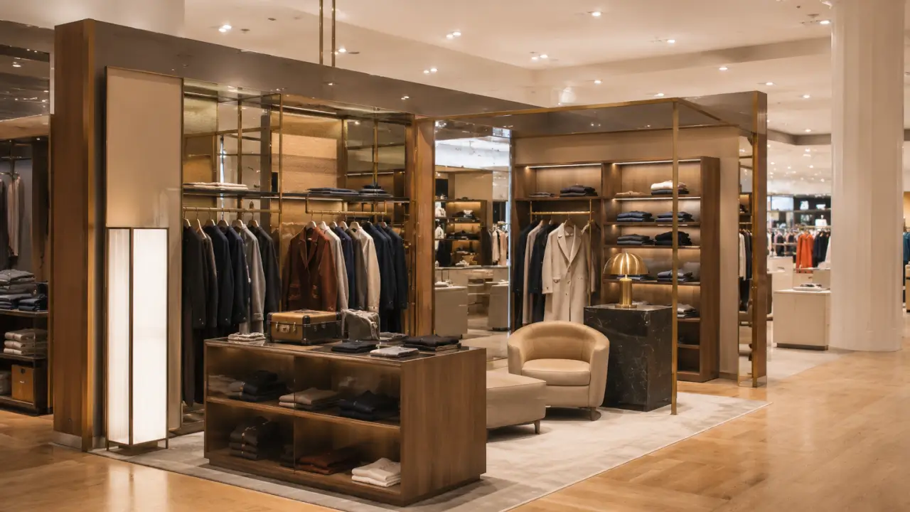 Corner de marque shop-in-shop dans un grand magasin parisien, mobilier brandé et signalétique de marque sur un espace délimité au sein de l'étage mode