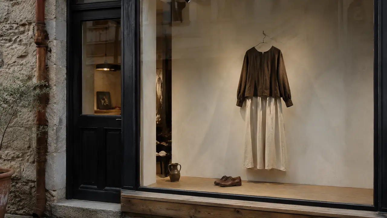 Vitrine d'une petite boutique indépendante française mise en scène simplement, composition en triangle avec un point focal et éclairage par quelques spots