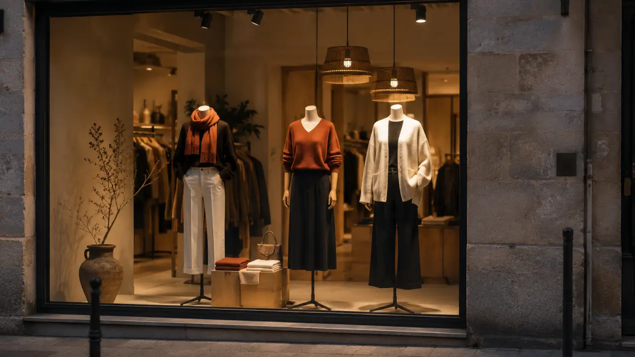 Vitrine de magasin de prêt-à-porter français mise en scène avec trois mannequins habillés et éclairage d'accentuation chaud sur les produits