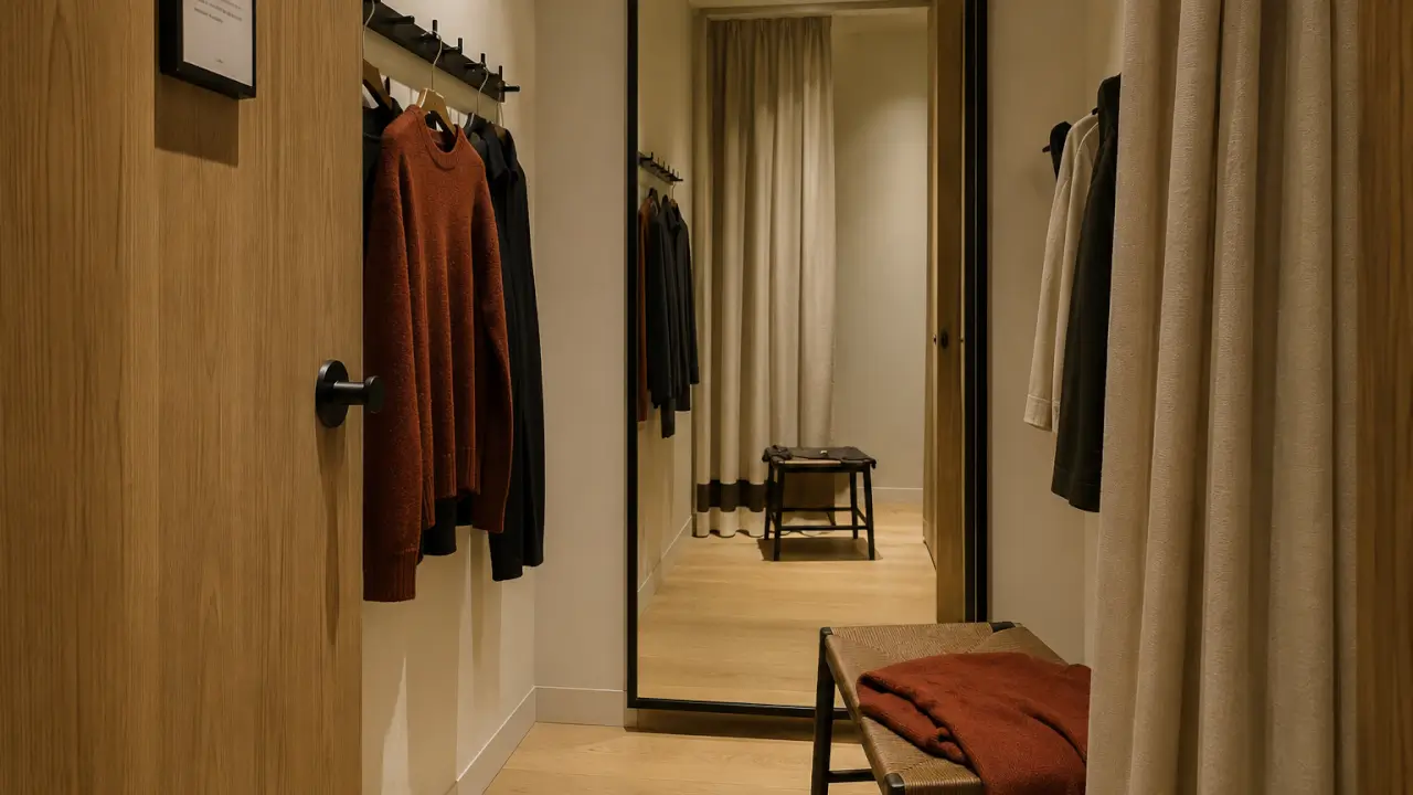 Cabine d'essayage de magasin de prêt-à-porter français avec miroir pleine hauteur, assise, patères et éclairage chaud flatteur