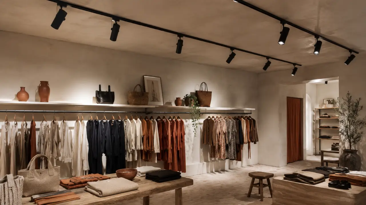 Éclairage LED d'une boutique française, rampe de spots orientables sur rail au plafond et lumière d'accentuation chaude sur les produits exposés