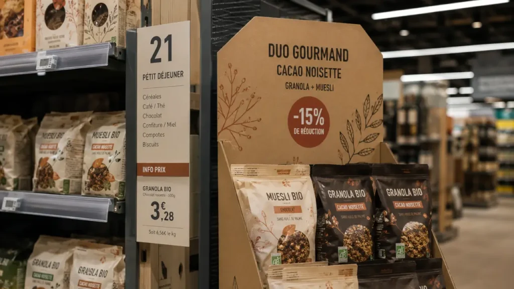 Allée de supermarché français montrant côte à côte une signalétique de rayon permanente (ILV) et un présentoir promotionnel de marque (PLV), lecture comparative des deux dispositifs