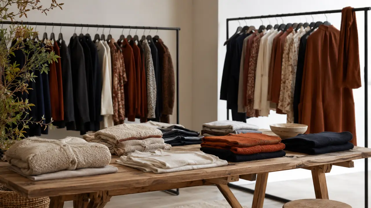 Mobilier de présentation textile dans un magasin de prêt-à-porter français, portants droits métalliques et table de pliage bois avec piles de vêtements