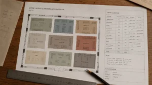 Plan de magasin vu du dessus avec zonage par univers colorés et tableau d'allocation de linéaire, illustrant la construction méthodique d'un plan de merchandising